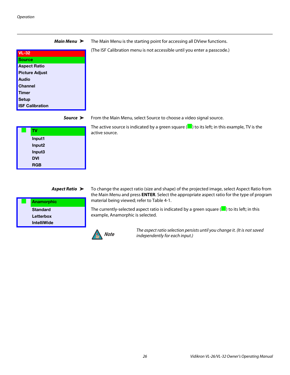 Main menu, Source, Aspect ratio | 26 through 3 | Vidikron VL-26HD User Manual | Page 36 / 66