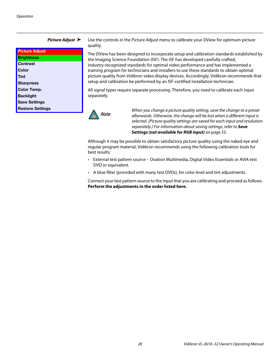Picture adjust | Vidikron VL-26HD User Manual | Page 38 / 66