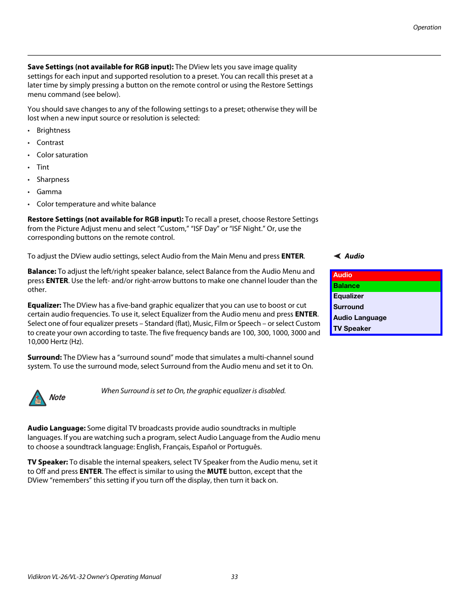 Save settings (not available for rgb input), Restore settings (not available for rgb input), Audio | Balance, Equalizer, Surround, Audio language, Tv speaker | Vidikron VL-26HD User Manual | Page 43 / 66