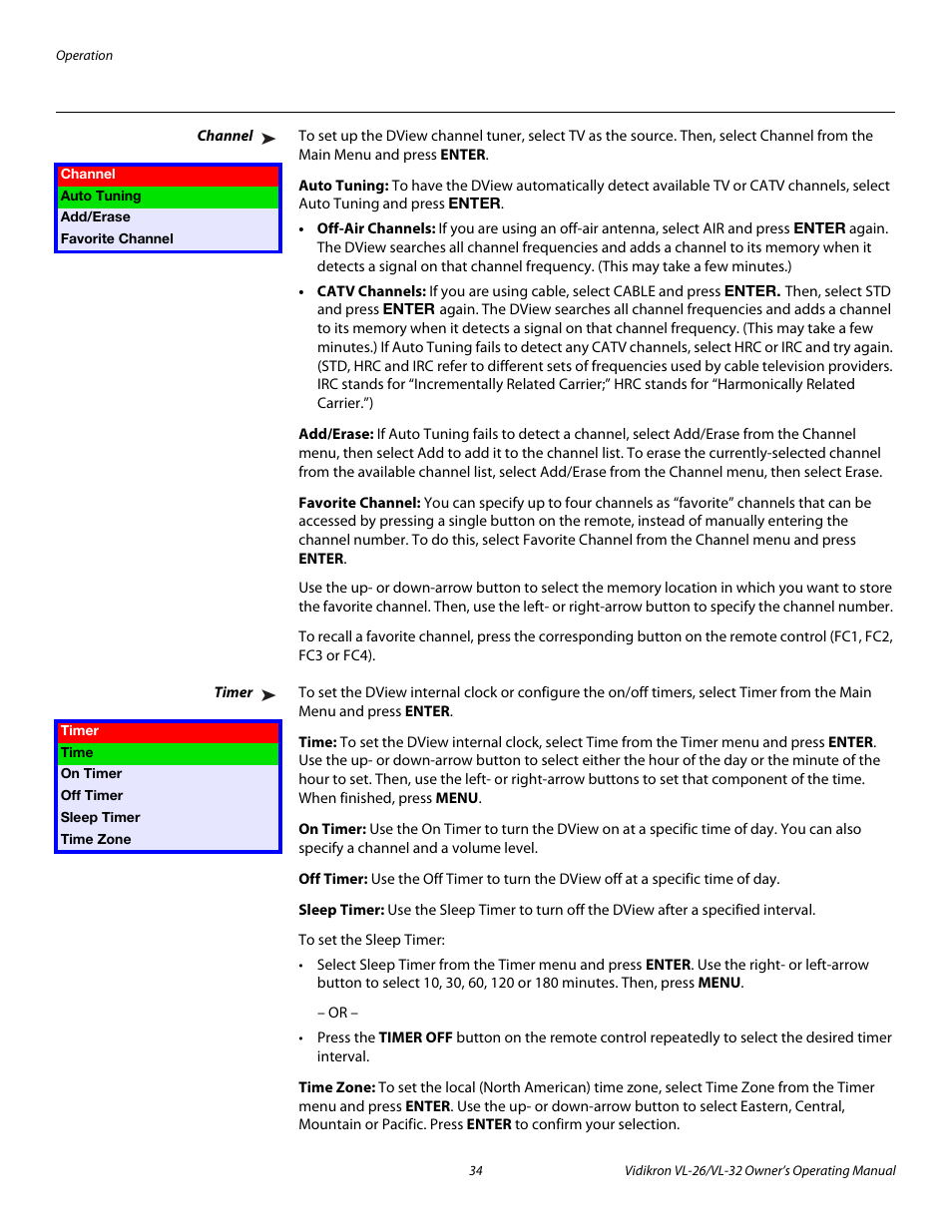 Channel, Auto tuning, Add/erase | Favorite channel, Timer, Time, On timer, Off timer, Sleep timer, Time zone | Vidikron VL-26HD User Manual | Page 44 / 66