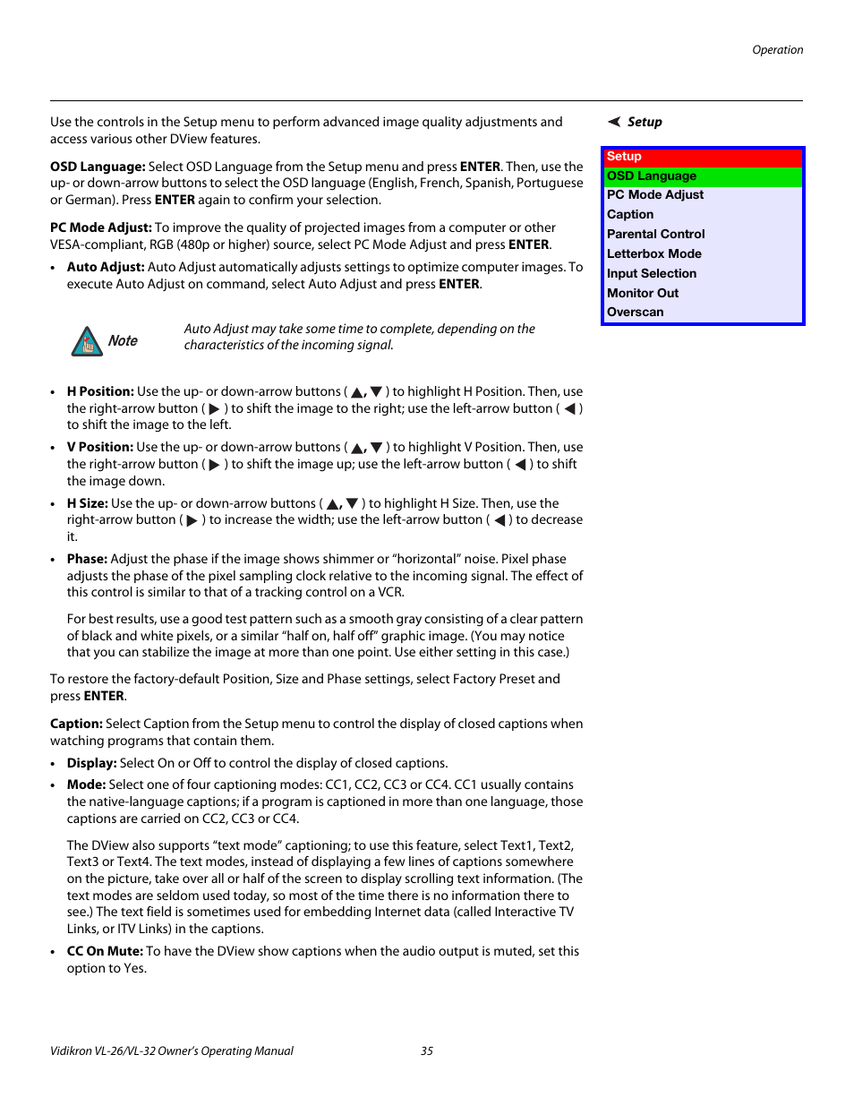 Setup, Osd language, Pc mode adjust | Caption | Vidikron VL-26HD User Manual | Page 45 / 66