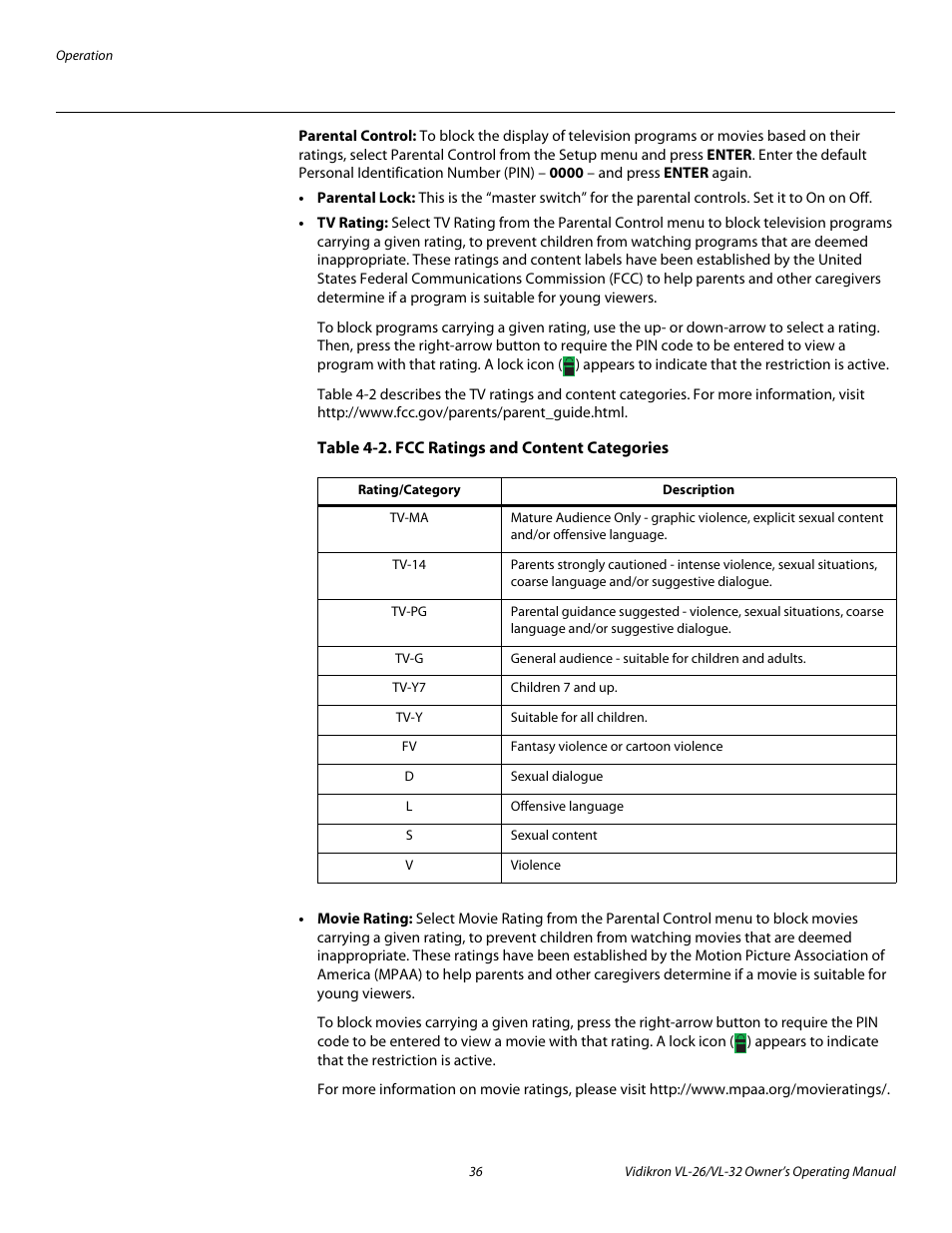Parental control, Table 4-2 . fcc ratings and content categories | Vidikron VL-26HD User Manual | Page 46 / 66