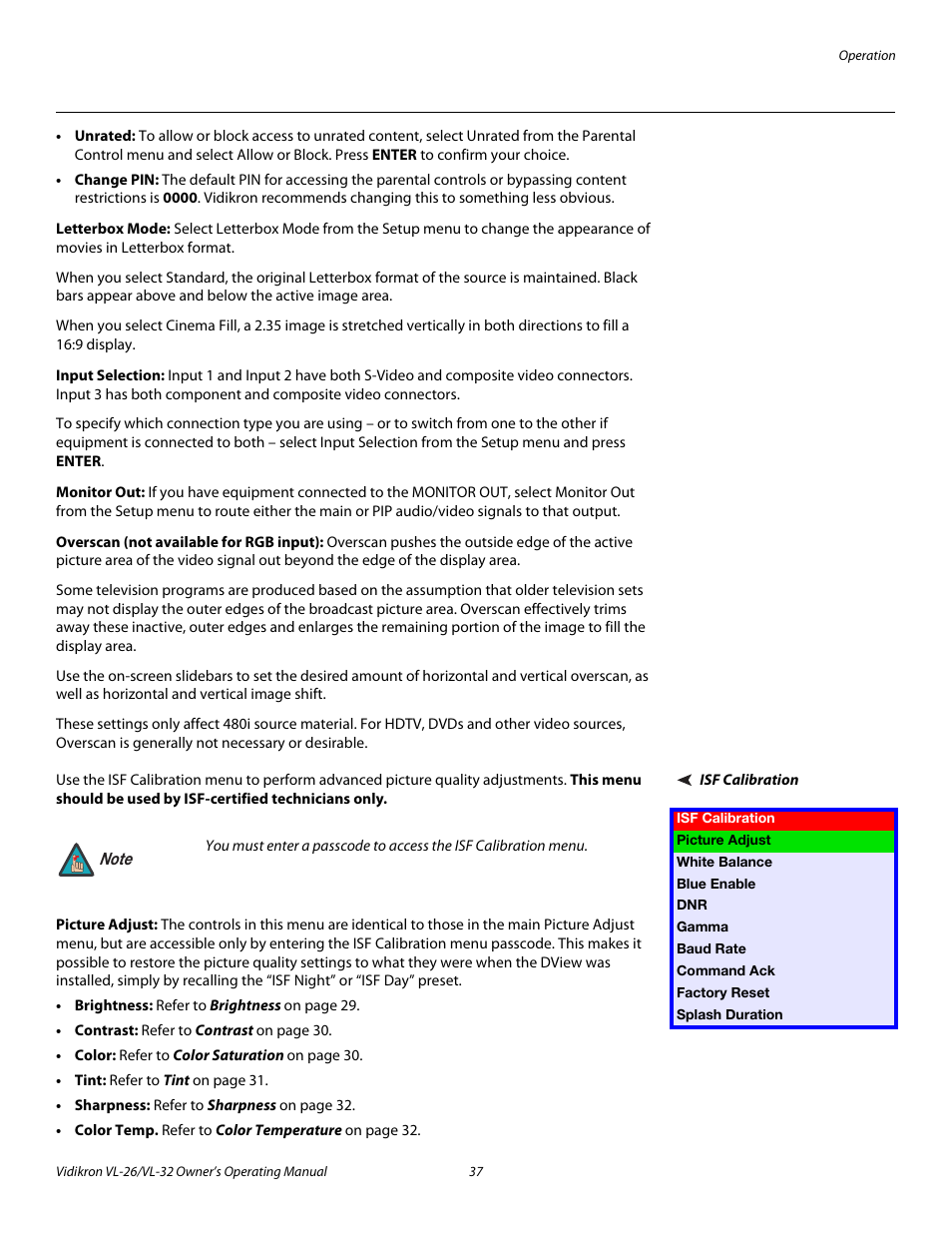 Letterbox mode, Input selection, Monitor out | Overscan (not available for rgb input), Isf calibration, Picture adjust | Vidikron VL-26HD User Manual | Page 47 / 66