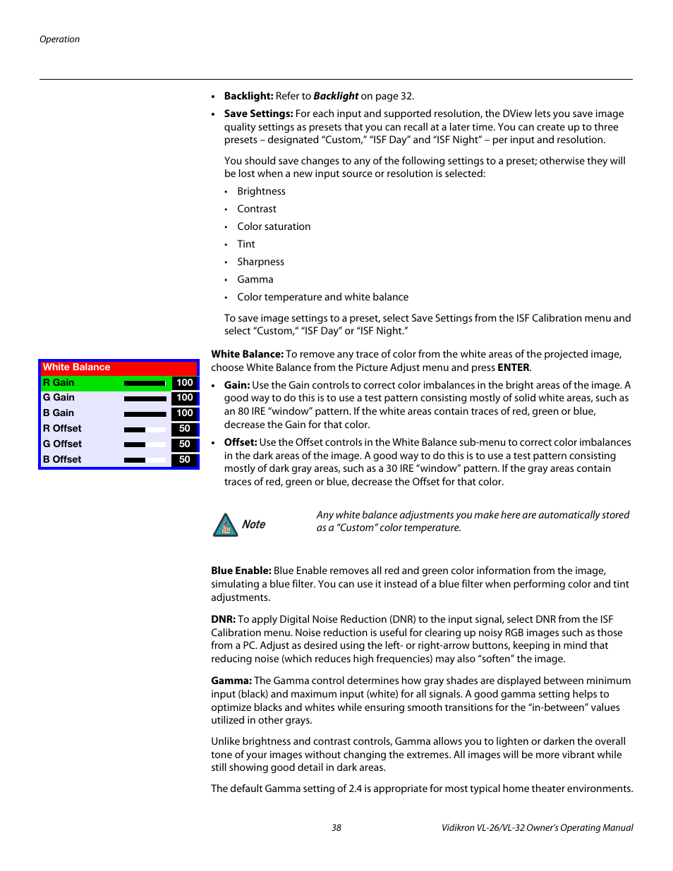 White balance, Blue enable, Gamma | Vidikron VL-26HD User Manual | Page 48 / 66