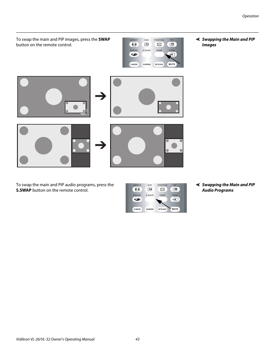 Swapping the main and pip images, Swapping the main and pip audio programs | Vidikron VL-26HD User Manual | Page 53 / 66