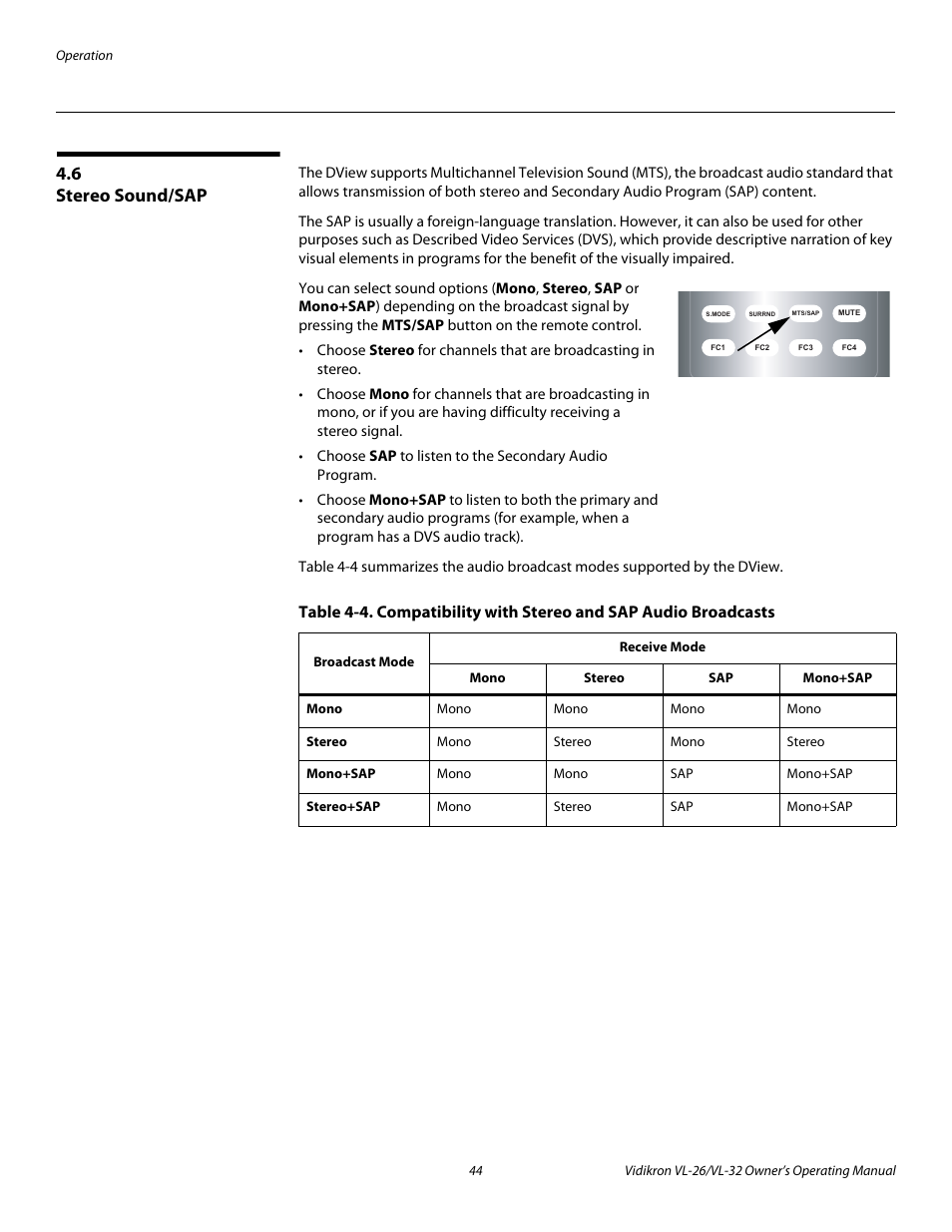6 stereo sound/sap, Stereo sound/sap | Vidikron VL-26HD User Manual | Page 54 / 66