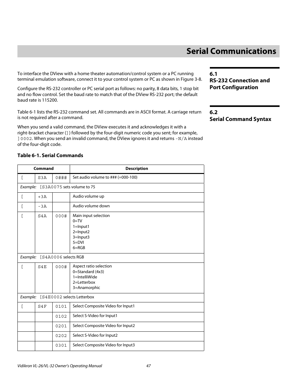 6 serial communications, 1 rs-232 connection and port configuration, 2 serial command syntax | Table 6-1 . serial commands, Serial communications, Rs-232 connection and port configuration, Serial command syntax | Vidikron VL-26HD User Manual | Page 57 / 66