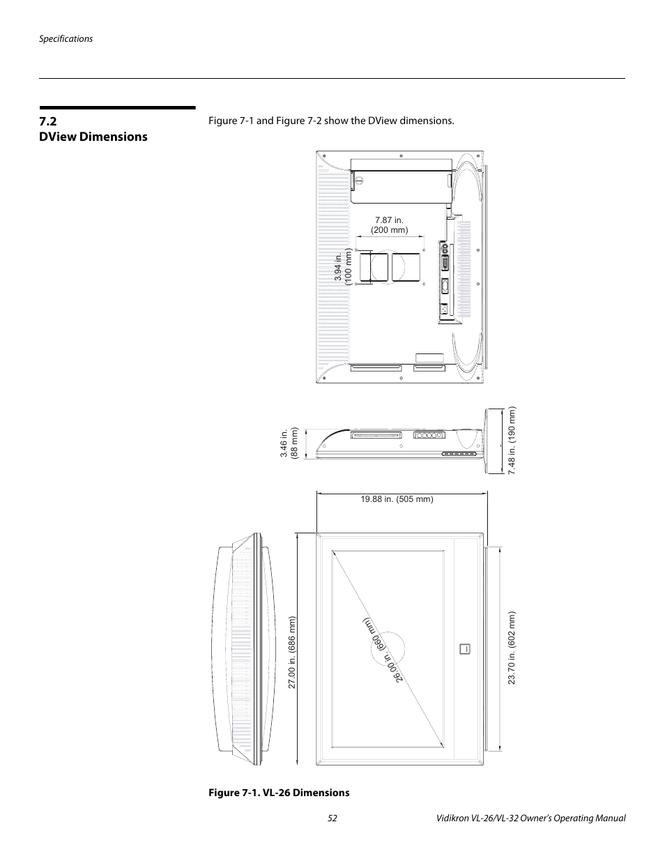 2 dview dimensions, Figure 7-1 . vl-26 dimensions, Dview dimensions | 1. vl-26 dimensions | Vidikron VL-26HD User Manual | Page 62 / 66