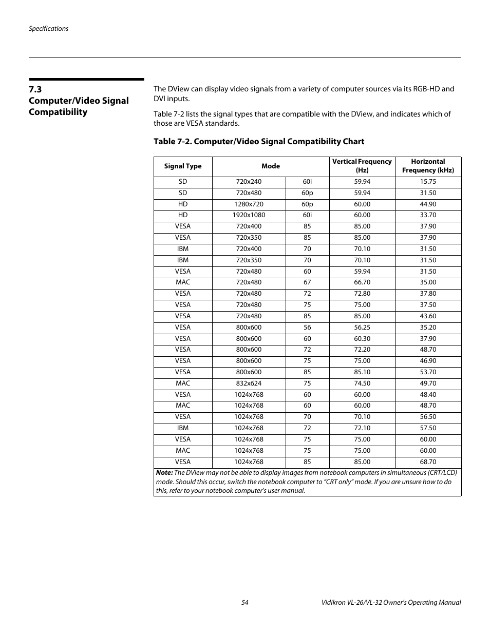3 computer/video signal compatibility, Computer/video signal compatibility | Vidikron VL-26HD User Manual | Page 64 / 66