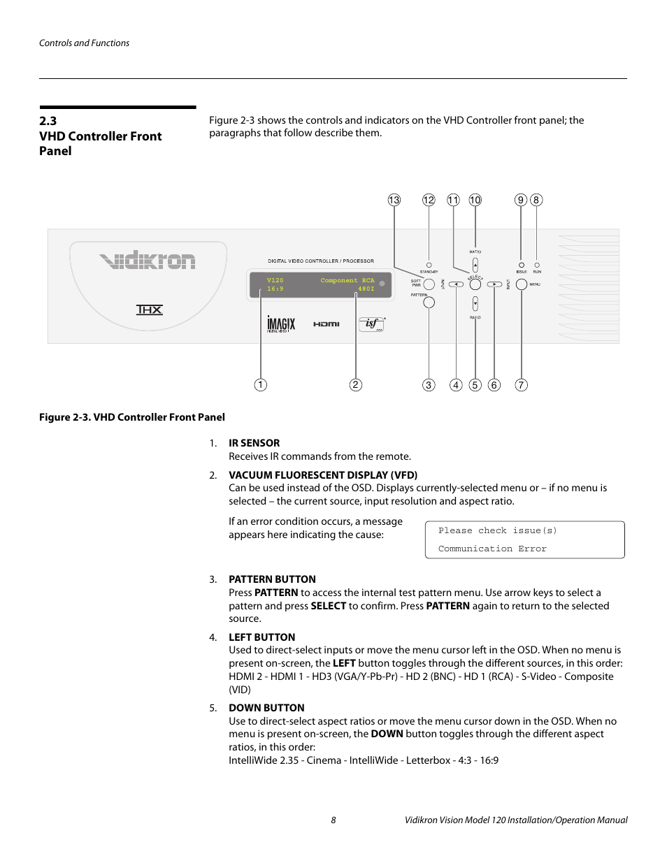 3 vhd controller front panel, Figure 2-3 . vhd controller front panel, Vhd controller front panel | 3. vhd controller front panel, Pre l iminar y | Vidikron Vision 120 User Manual | Page 22 / 92