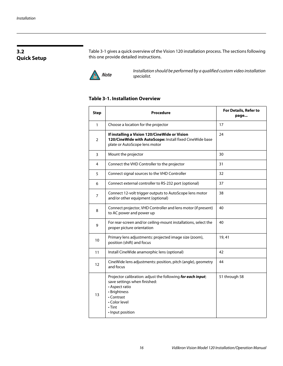 2 quick setup, Table 3-1 . installation overview, Quick setup | Pre l iminar y | Vidikron Vision 120 User Manual | Page 30 / 92