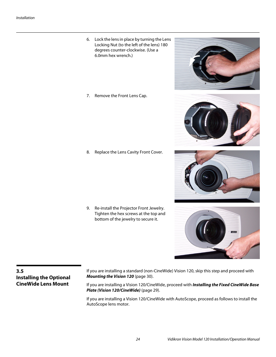 5 installing the optional cinewide lens mount, Installing the optional cinewide lens mount, Pre l iminar y | Vidikron Vision 120 User Manual | Page 38 / 92