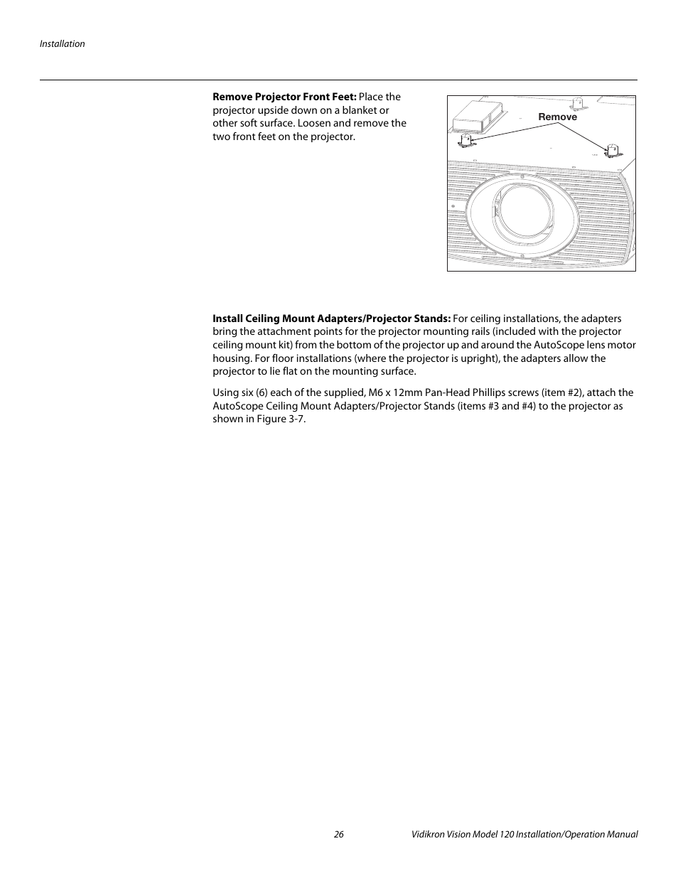 Remove projector front feet, Install ceiling mount adapters/projector stands, Pre l iminar y | Vidikron Vision 120 User Manual | Page 40 / 92