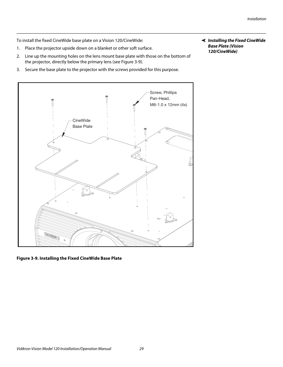 Iminar, 9. installing the fixed cinewide base plate, Pre l iminar y | Vidikron Vision 120 User Manual | Page 43 / 92