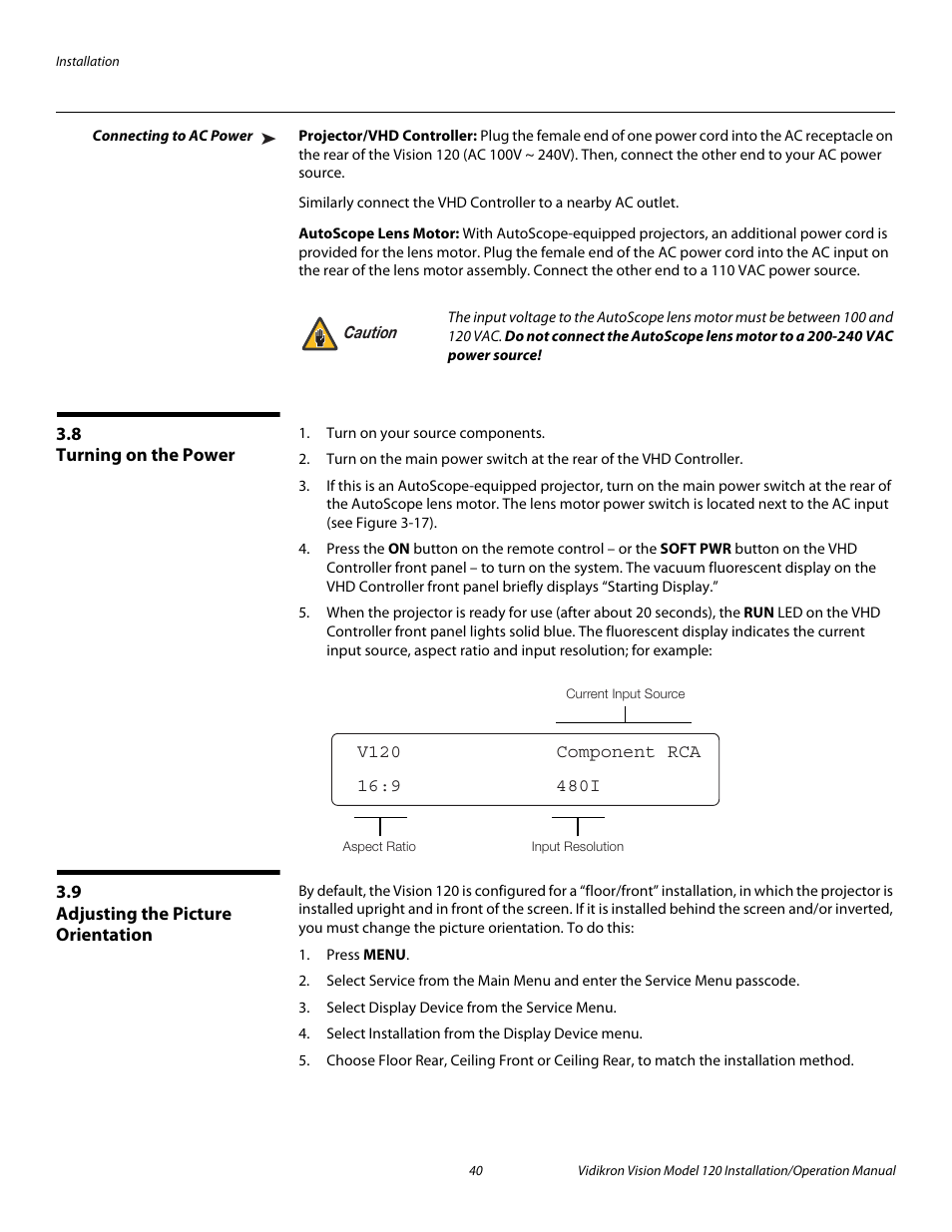 Connecting to ac power, Projector/vhd controller, Autoscope lens motor | 8 turning on the power, 9 adjusting the picture orientation, Turning on the power, Adjusting the picture orientation, Pre l iminar y | Vidikron Vision 120 User Manual | Page 54 / 92