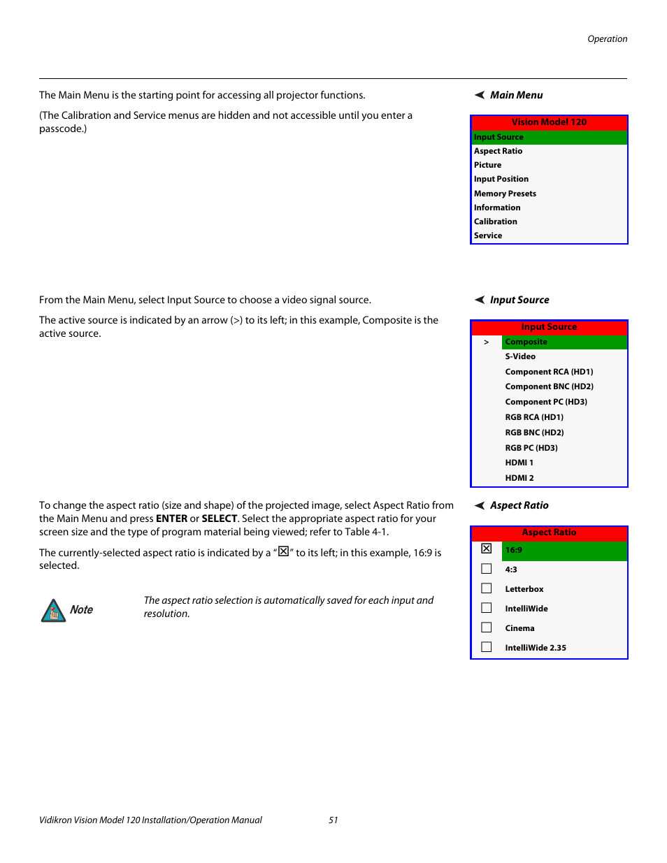 Main menu, Input source, Aspect ratio | 51 through 5, Pre l iminar y | Vidikron Vision 120 User Manual | Page 65 / 92