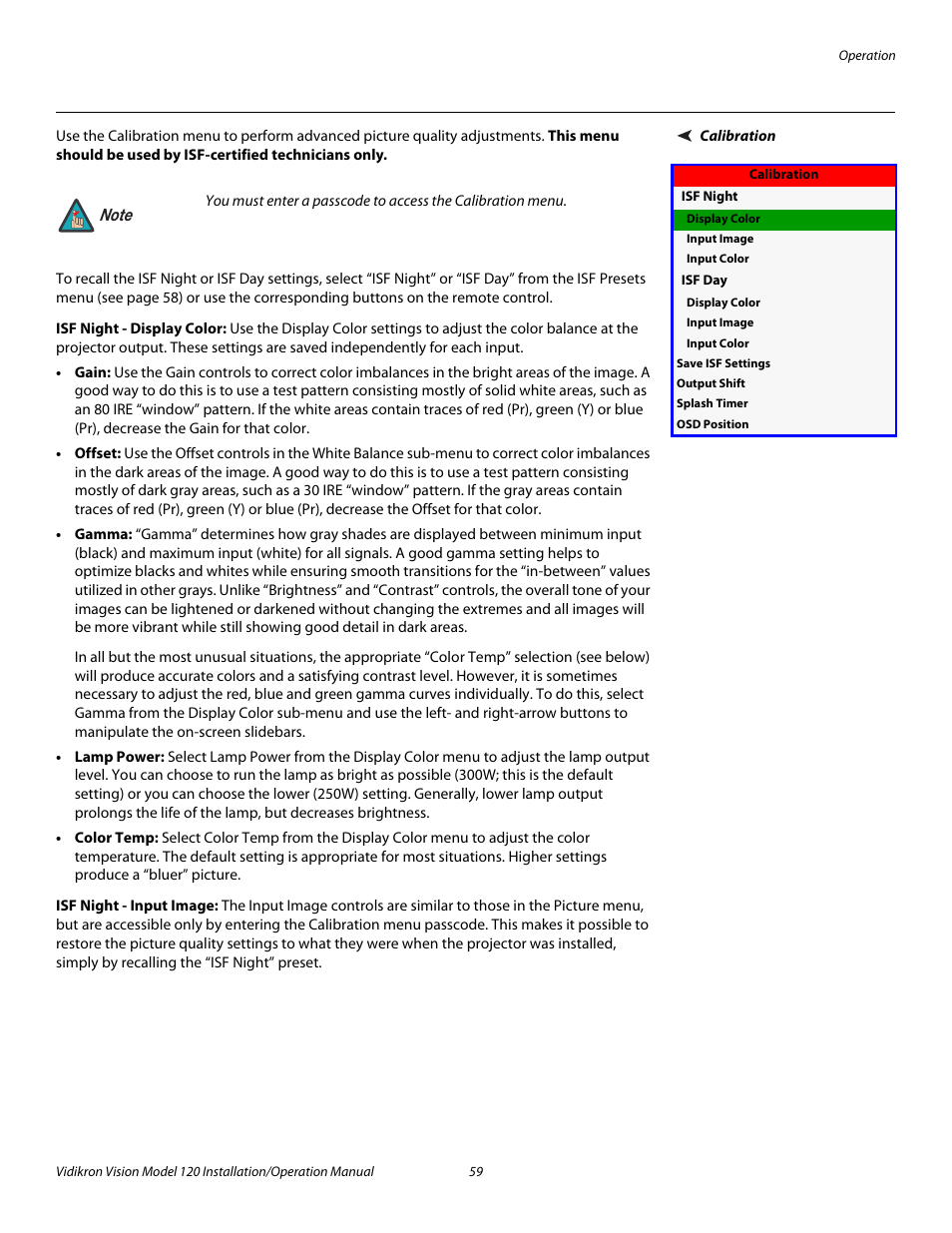 Calibration, Isf night - display color, Isf night - input image | Pre l iminar y | Vidikron Vision 120 User Manual | Page 73 / 92
