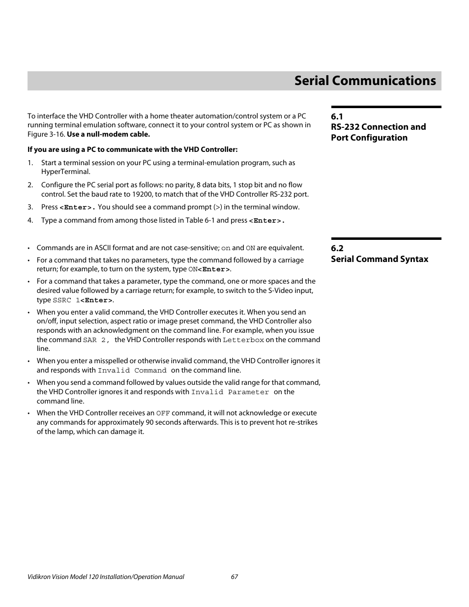 6 serial communications, 1 rs-232 connection and port configuration, 2 serial command syntax | Serial communications, Rs-232 connection and port configuration, Serial command syntax, Pre l iminar y | Vidikron Vision 120 User Manual | Page 81 / 92