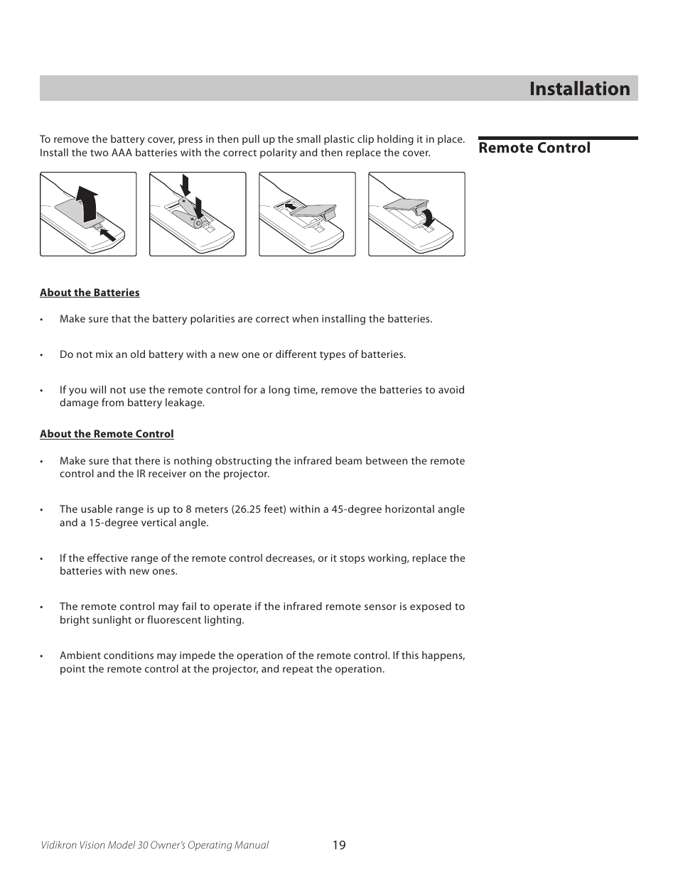 Installation, Remote control | Vidikron Vision 30 User Manual | Page 19 / 58