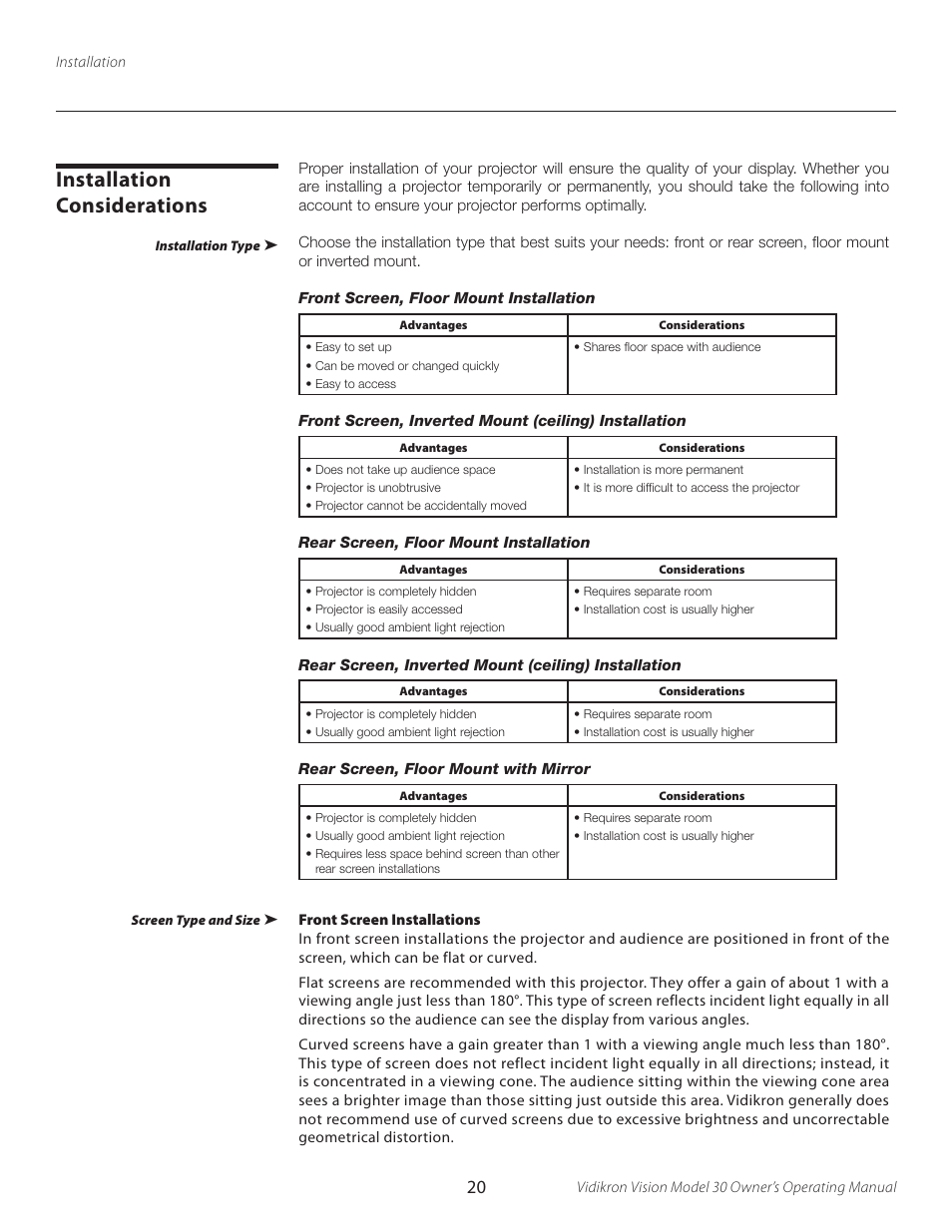 Installation considerations | Vidikron Vision 30 User Manual | Page 20 / 58