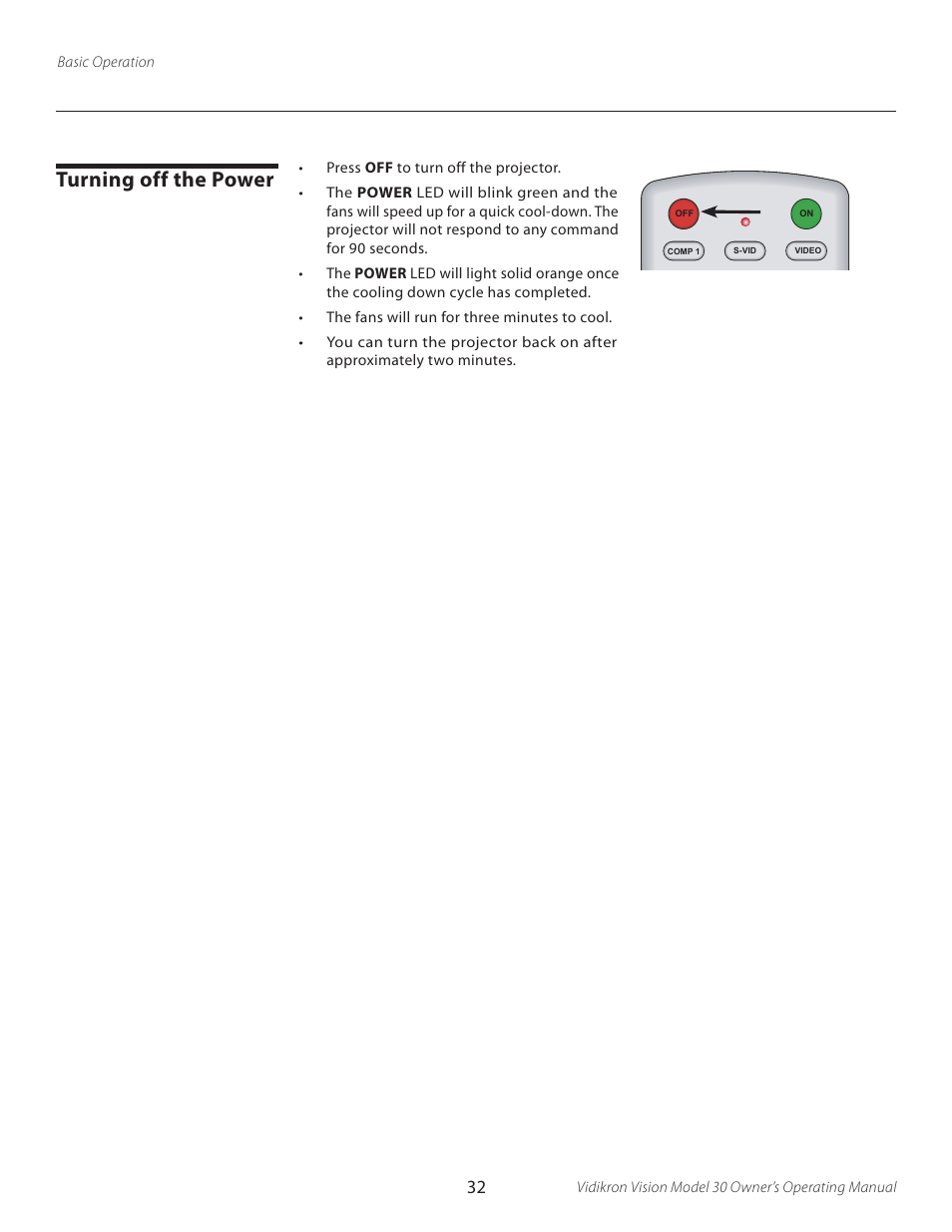 Turning off the power, Vidikron vision model 30 owner’s operating manual | Vidikron Vision 30 User Manual | Page 32 / 58