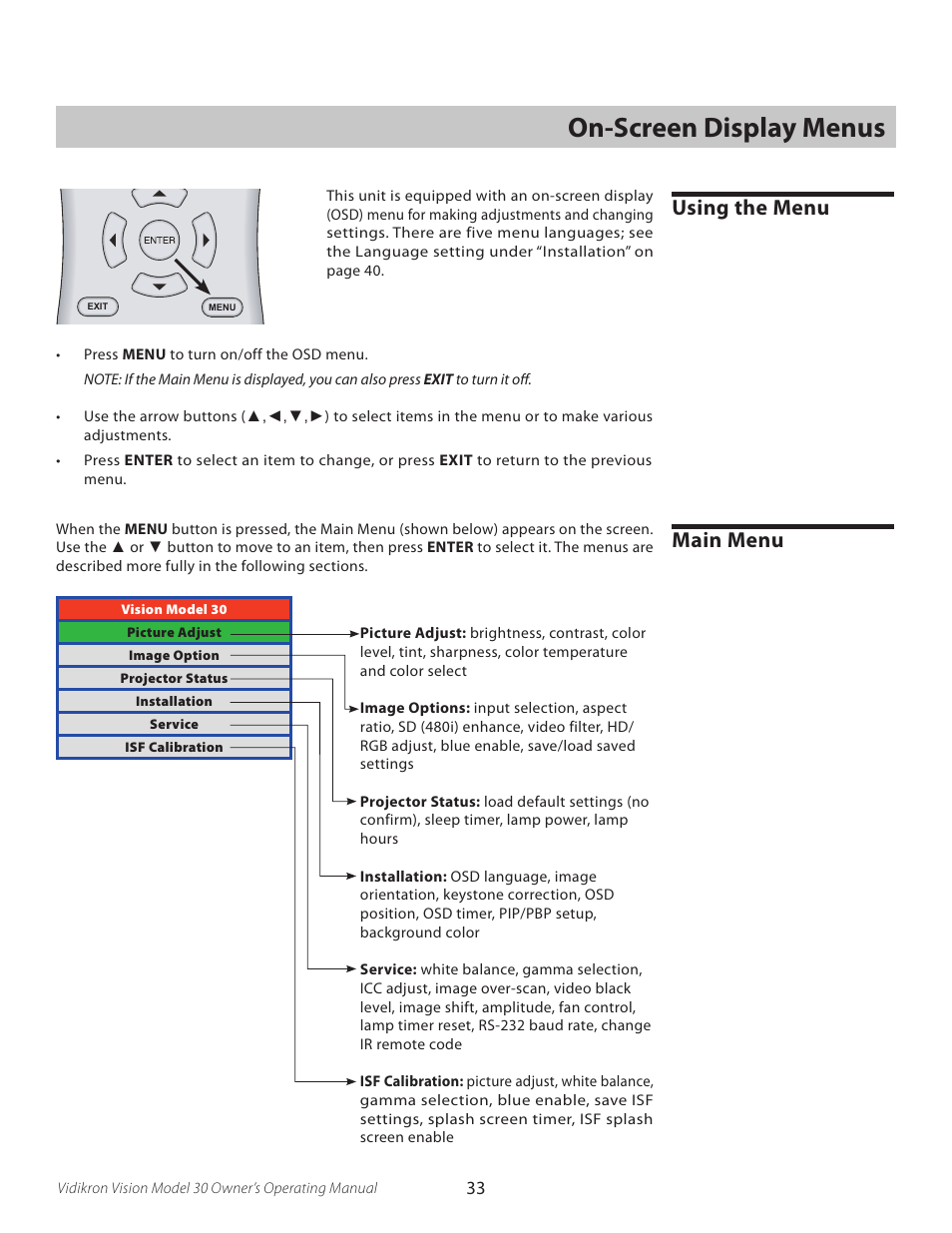 On-screen display menus, Using the menu, Main menu | Using the menu main menu | Vidikron Vision 30 User Manual | Page 33 / 58