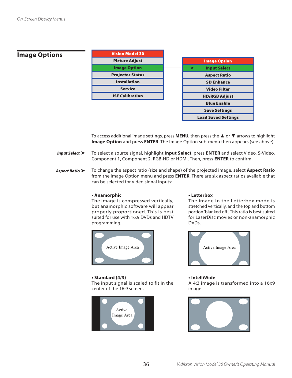 Image options | Vidikron Vision 30 User Manual | Page 36 / 58