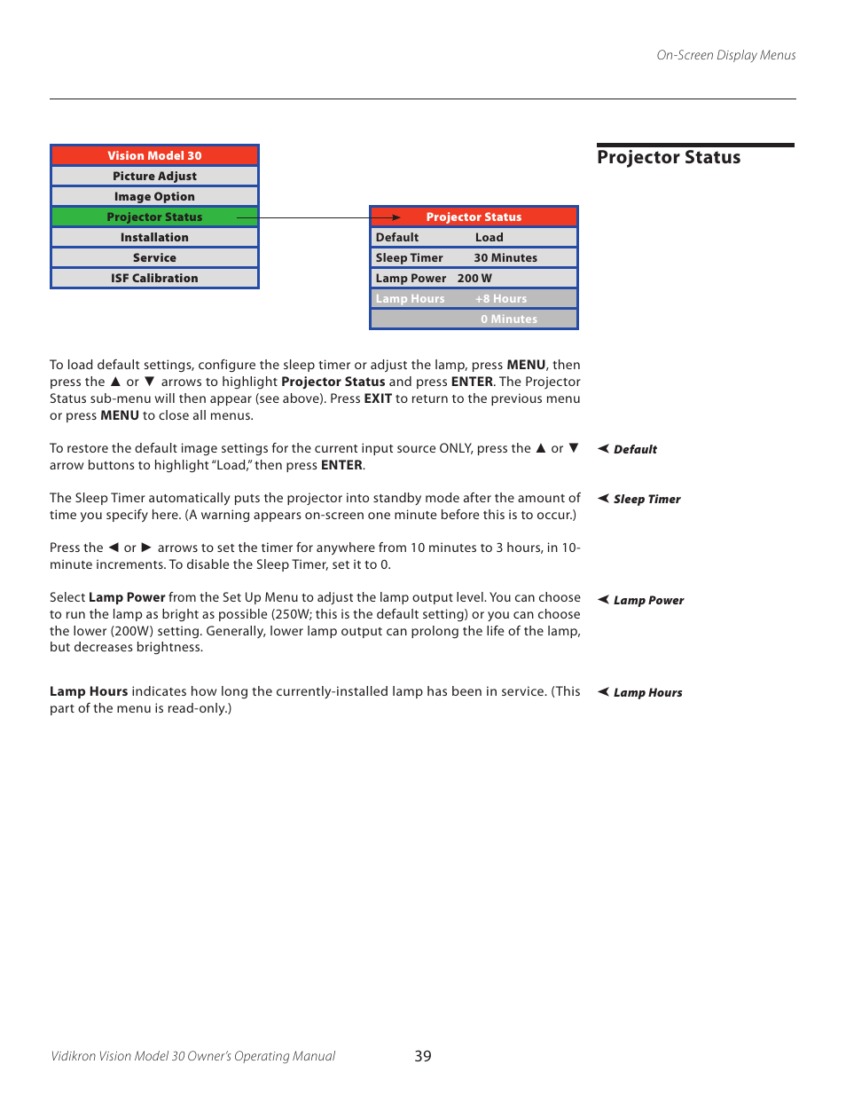 Projector status | Vidikron Vision 30 User Manual | Page 39 / 58