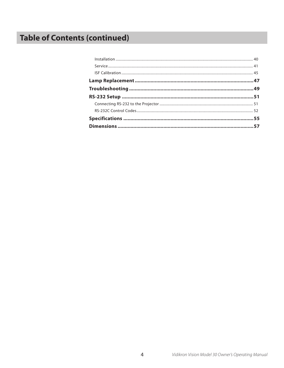 Table of contents (continued) | Vidikron Vision 30 User Manual | Page 4 / 58
