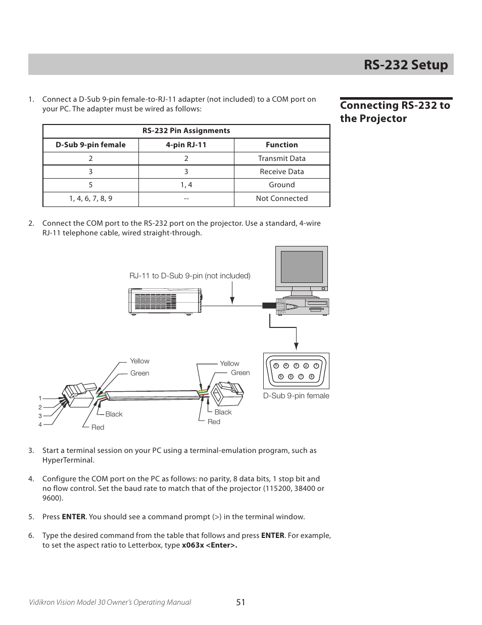 Rs-232 setup, Connecting rs-232 to the projector | Vidikron Vision 30 User Manual | Page 51 / 58