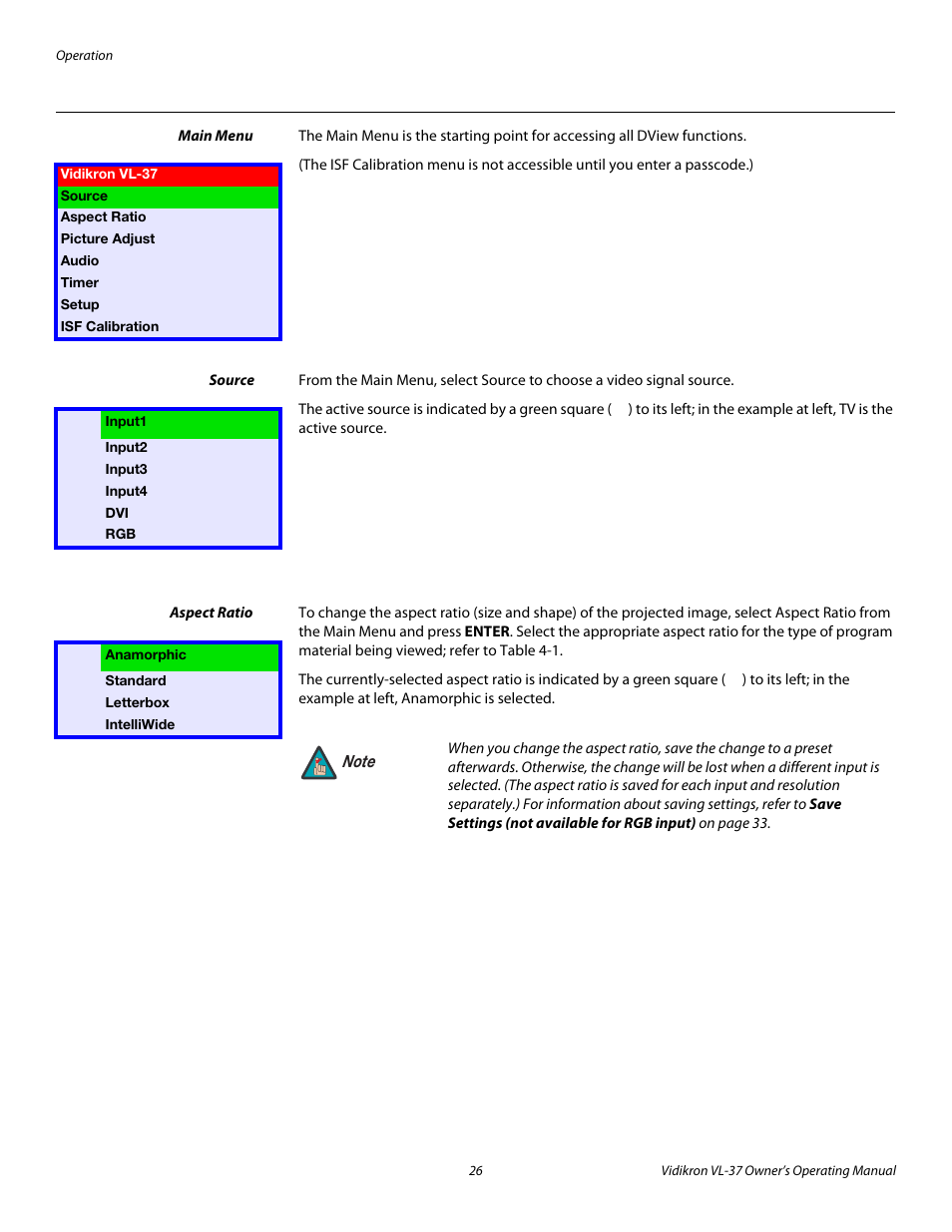 Main menu, Source, Aspect ratio | 26 through 3 | Vidikron VL-37 User Manual | Page 36 / 66