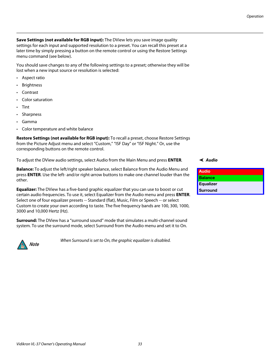 Save settings (not available for rgb input), Restore settings (not available for rgb input), Audio | Balance, Equalizer, Surround | Vidikron VL-37 User Manual | Page 43 / 66