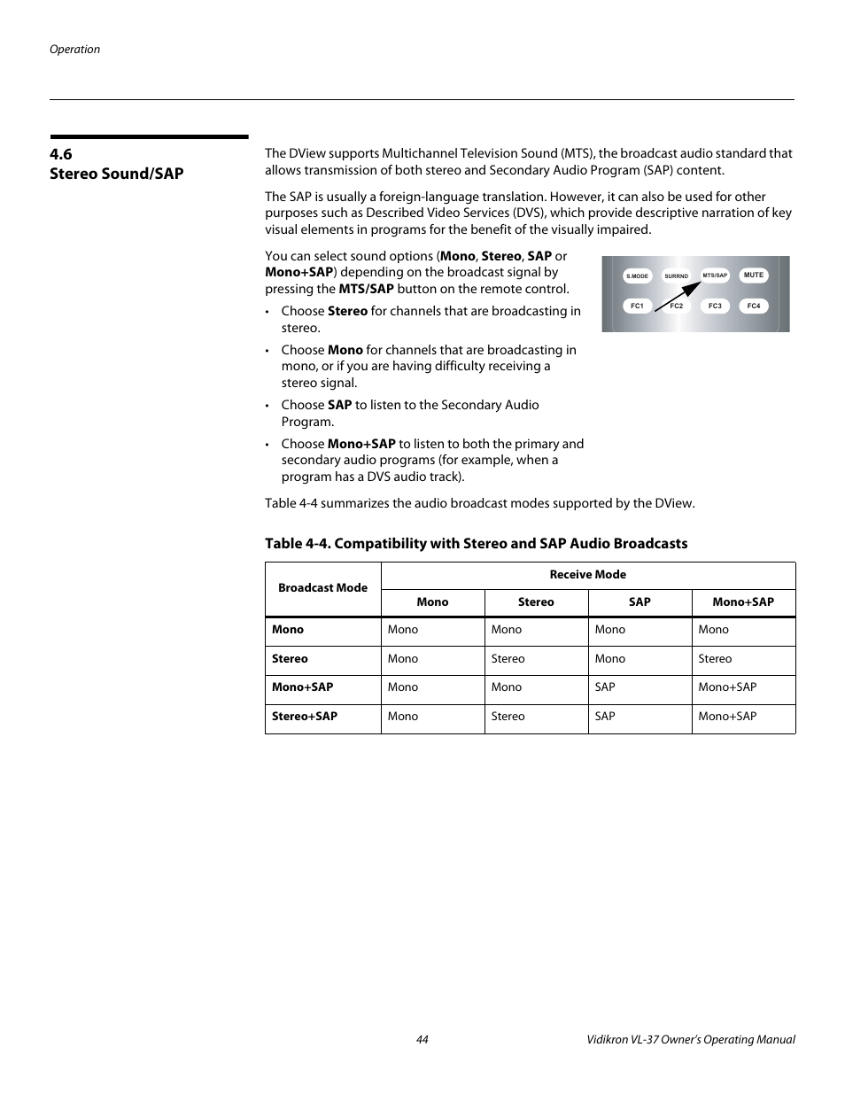 6 stereo sound/sap, Stereo sound/sap | Vidikron VL-37 User Manual | Page 54 / 66