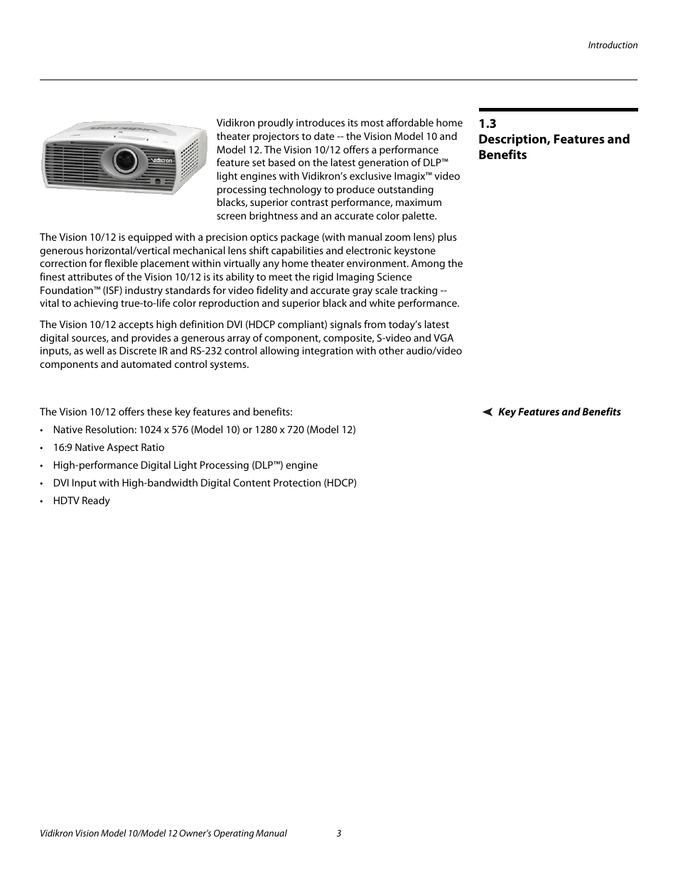 3 description, features and benefits, Key features and benefits, Description, features and benefits | Pre l iminar y | Vidikron DLP 40828 User Manual | Page 13 / 74