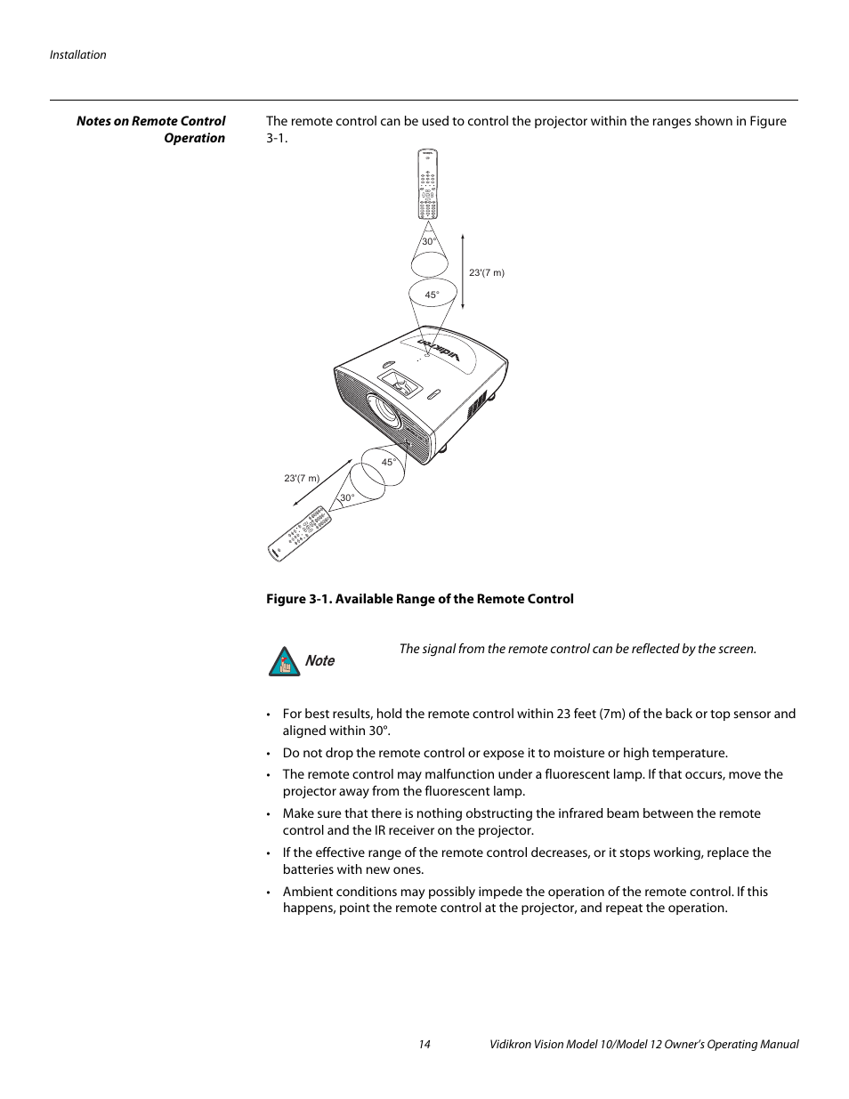 Notes on remote control operation, Figure 3-1 . available range of the remote control, 1. available range of the remote control | Pre l iminar y | Vidikron DLP 40828 User Manual | Page 24 / 74