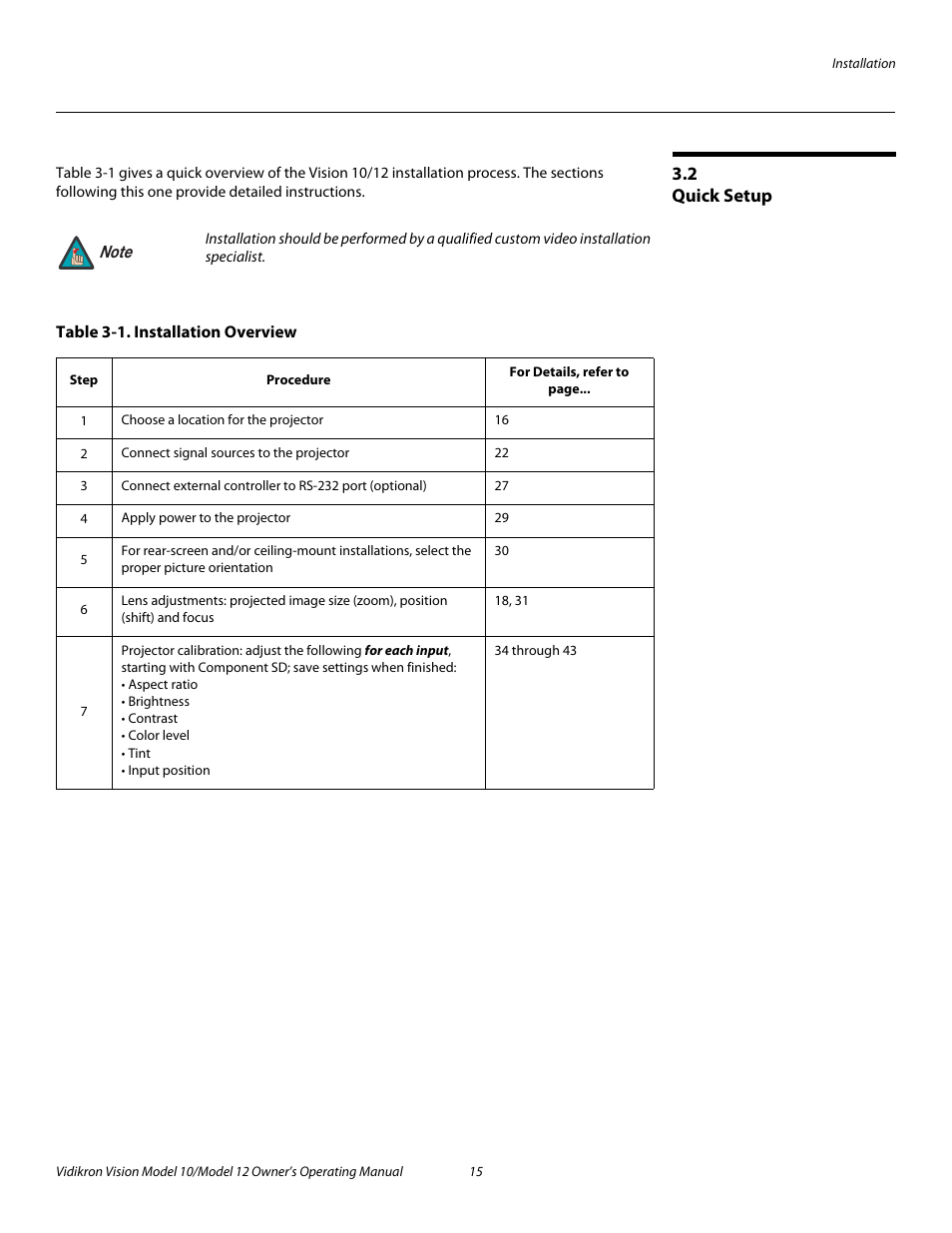 2 quick setup, Table 3-1 . installation overview, Quick setup | Pre l iminar y | Vidikron DLP 40828 User Manual | Page 25 / 74