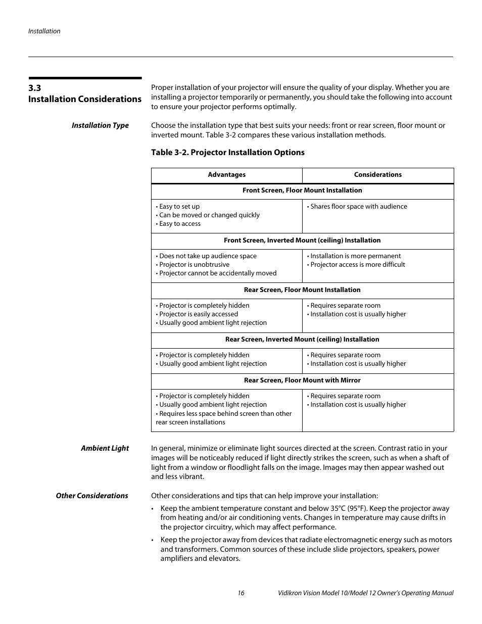 3 installation considerations, Installation type, Table 3-2 . projector installation options | Ambient light, Other considerations, Installation considerations, Pre l iminar y | Vidikron DLP 40828 User Manual | Page 26 / 74