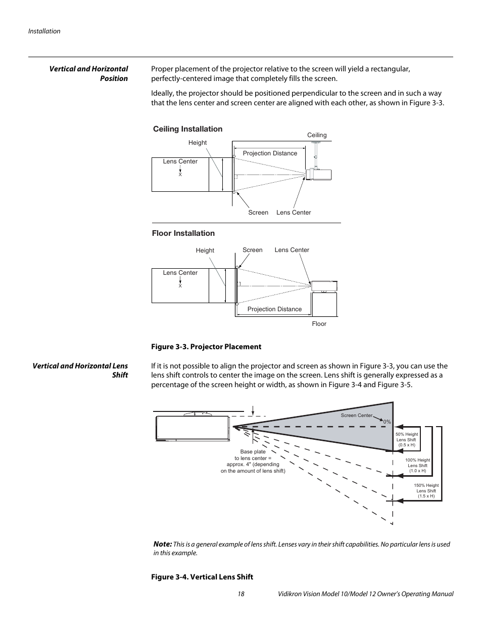 Vertical and horizontal position, Figure 3-3 . projector placement, Vertical and horizontal lens shift | Figure 3-4 . vertical lens shift, 3. projector placement, 4. vertical lens shift, Iminar, Pre l iminar y | Vidikron DLP 40828 User Manual | Page 28 / 74