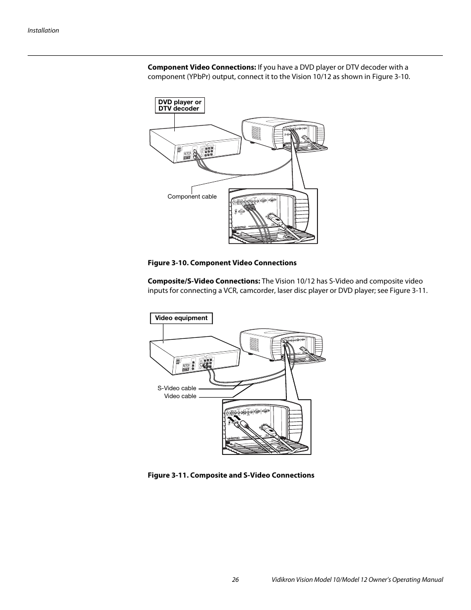 Component video connections, Figure 3-10 . component video connections, Composite/s-video connections | Figure 3-11 . composite and s-video connections, Iminar, 10. component video connections, 11. composite and s-video connections, Pre l iminar y | Vidikron DLP 40828 User Manual | Page 36 / 74