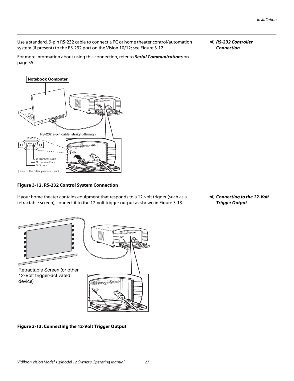 Rs-232 controller connection, Figure 3-12 . rs-232 control system connection, Connecting to the 12-volt trigger output | 12. rs-232 control system connection, 13. connecting the 12-volt trigger output, Pre l iminar y | Vidikron DLP 40828 User Manual | Page 37 / 74