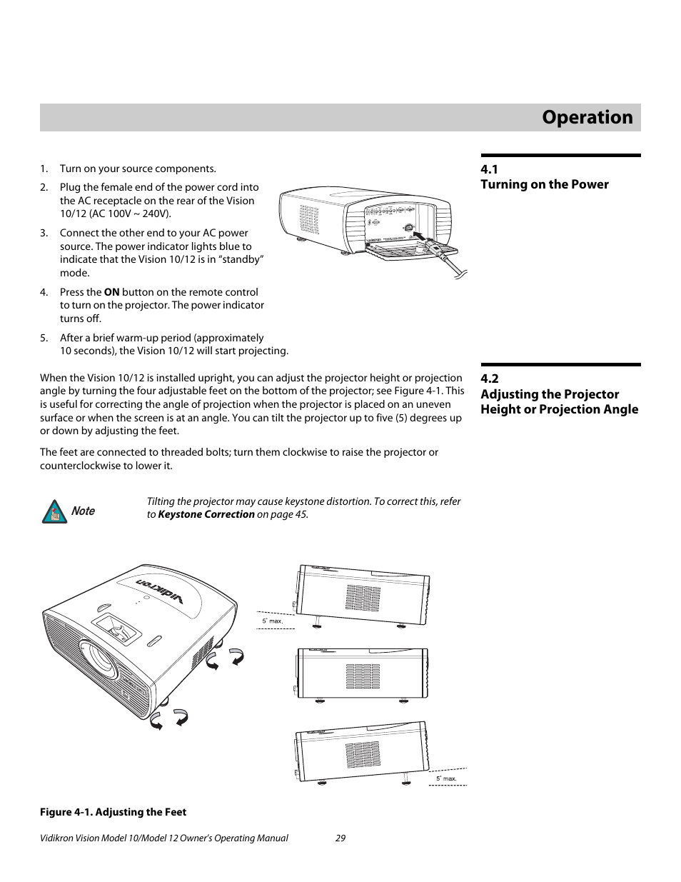 4 operation, 1 turning on the power, Figure 4-1 . adjusting the feet | Operation, Turning on the power, Adjusting the projector height or projection angle, 1. adjusting the feet, Pre l iminar y | Vidikron DLP 40828 User Manual | Page 39 / 74