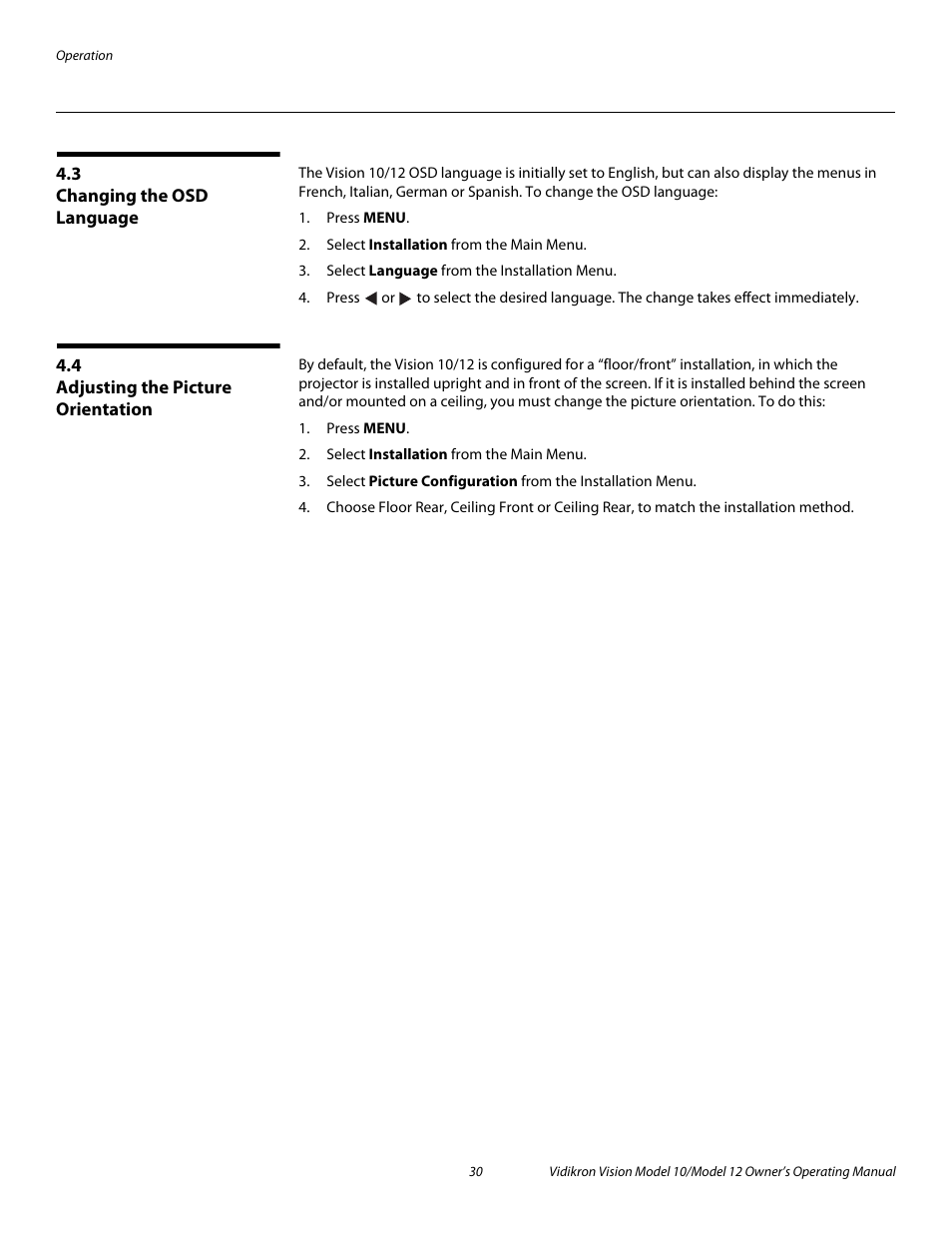 3 changing the osd language, 4 adjusting the picture orientation, Changing the osd language | Adjusting the picture orientation, Pre l iminar y | Vidikron DLP 40828 User Manual | Page 40 / 74
