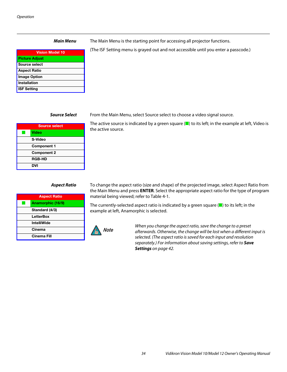Main menu, Source select, Aspect ratio | 34 through, Pre l iminar y | Vidikron DLP 40828 User Manual | Page 44 / 74