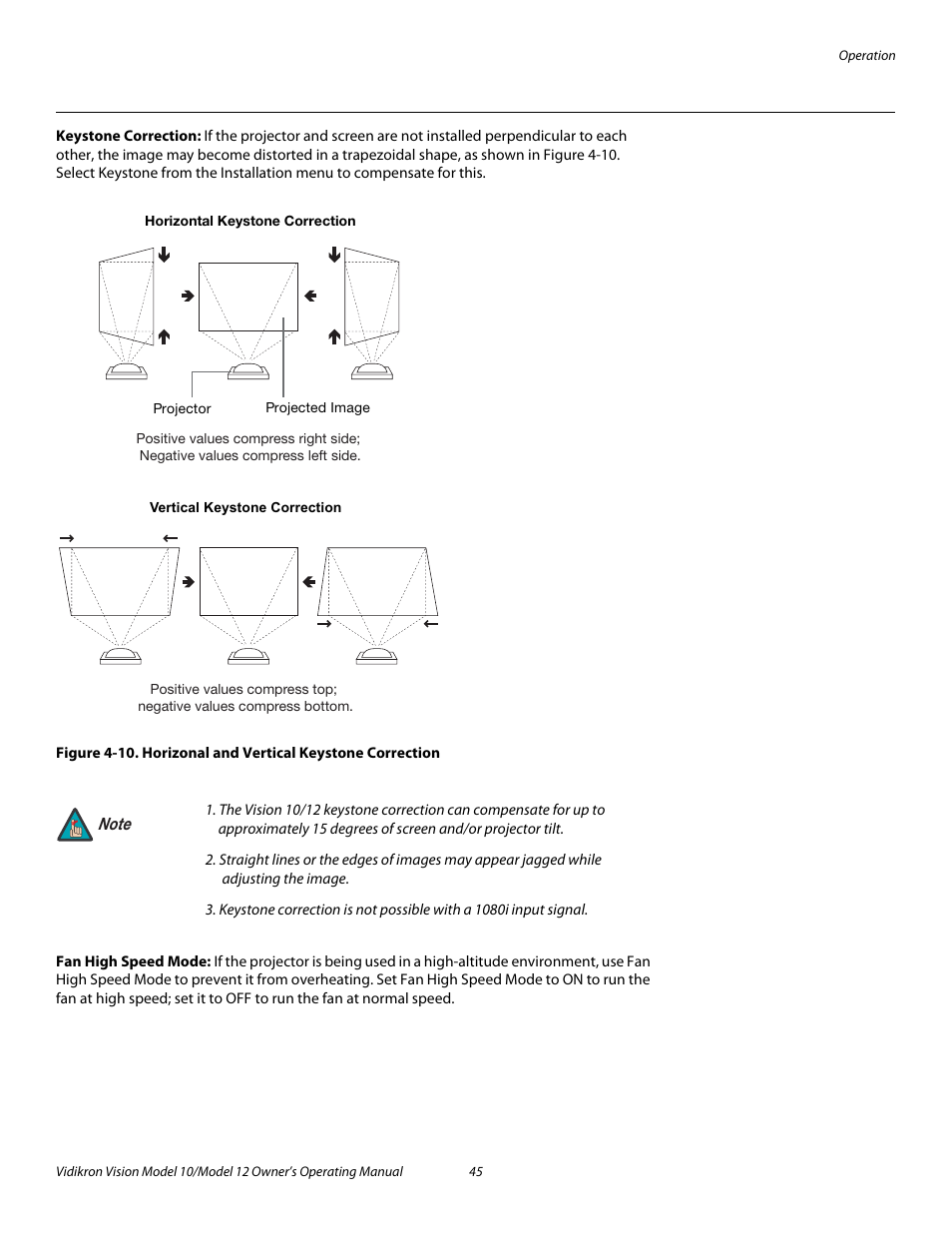 Keystone correction, Fan high speed mode, 10. horizonal and vertical keystone correction | Pre l iminar y | Vidikron DLP 40828 User Manual | Page 55 / 74