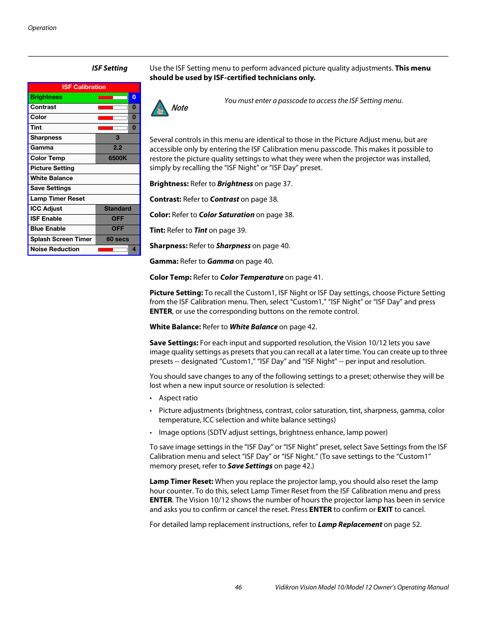 Isf setting, Brightness, Contrast | Color, Tint, Sharpness, Gamma, Color temp, Picture setting, White balance | Vidikron DLP 40828 User Manual | Page 56 / 74