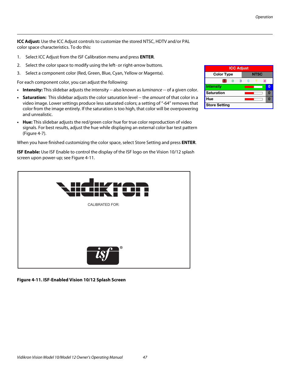 Icc adjust, Isf enable, 11. isf-enabled vision 10/12 splash screen | Pre l iminar y | Vidikron DLP 40828 User Manual | Page 57 / 74