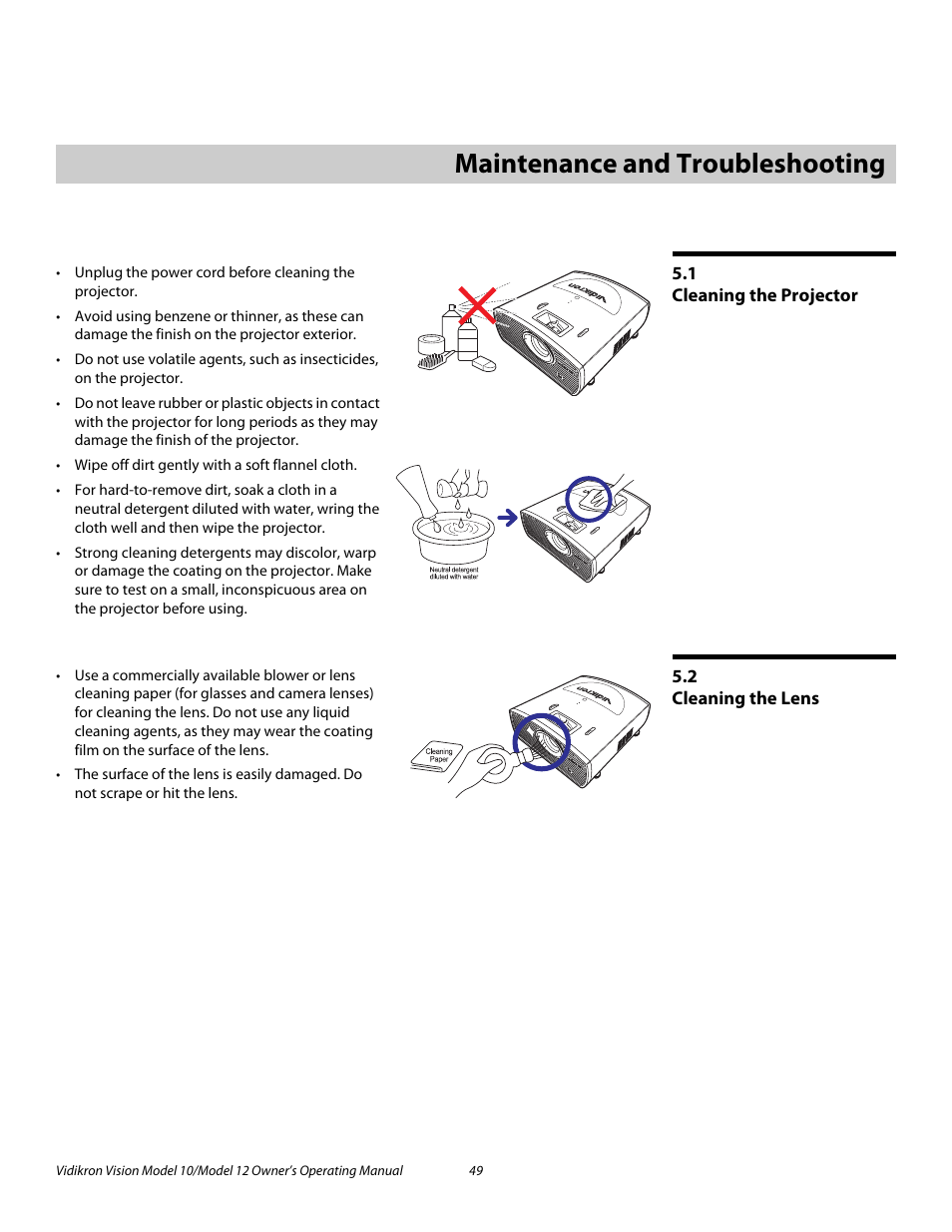 5 maintenance and troubleshooting, 1 cleaning the projector, 2 cleaning the lens | Maintenance and troubleshooting, Cleaning the projector, Cleaning the lens, Pre l iminar y | Vidikron DLP 40828 User Manual | Page 59 / 74