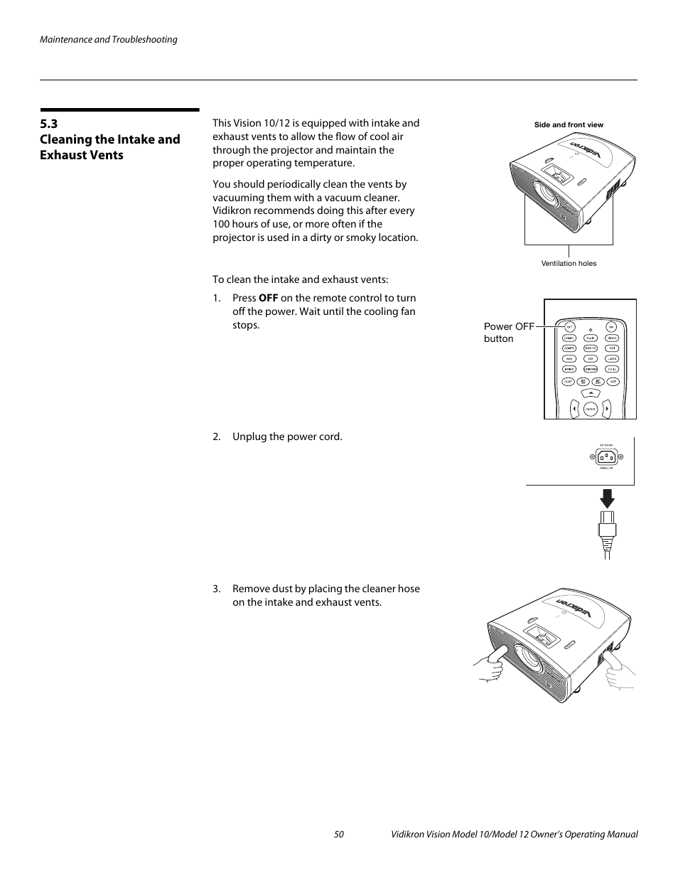 3 cleaning the intake and exhaust vents, Cleaning the intake and exhaust vents, Pre l iminar y | Vidikron DLP 40828 User Manual | Page 60 / 74