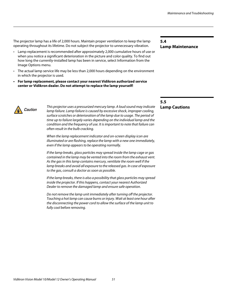 4 lamp maintenance, 5 lamp cautions, Lamp maintenance | Lamp cautions, Pre l iminar y | Vidikron DLP 40828 User Manual | Page 61 / 74