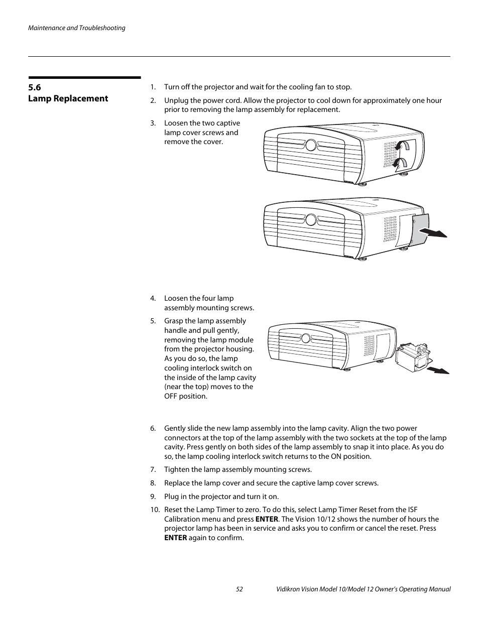 6 lamp replacement, Lamp replacement, Pre l iminar y | Vidikron DLP 40828 User Manual | Page 62 / 74